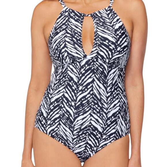 Leilani Poolside Keyhole One-Piece Swimsuit Black and White Zebra Print 
Size 6 - Picture 1 of 7